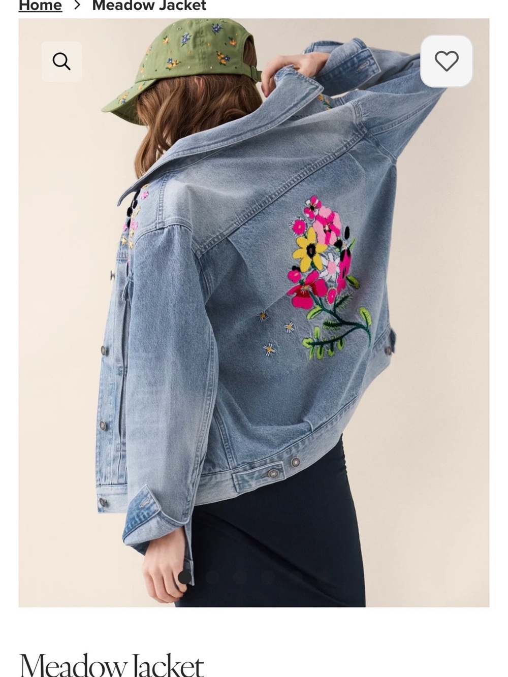 CAbi Light Wash Denim Jacket with Pink & Yellow Floral Embroidery